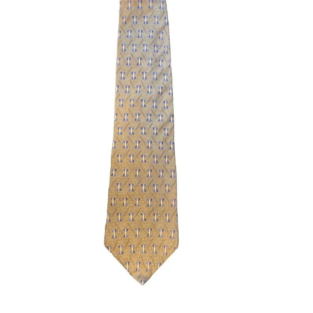 NEO Bill Blass Tan Blue Patterned Silk Necktie